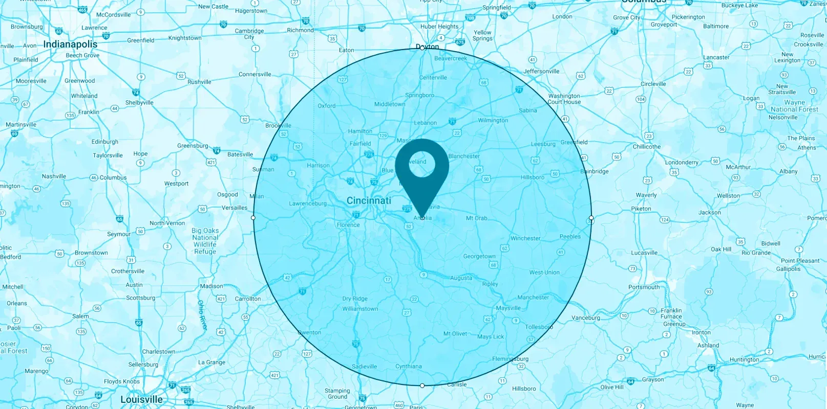 Map with a blue circle and a location pin, centered on 