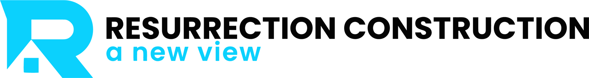 Logo for Resurrection Construction, a new view. Blue "R" with house graphic; black text.
