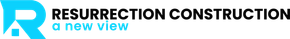 Logo for Resurrection Construction, a new view. Blue "R" with house graphic; black text.