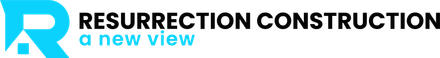 Logo for Resurrection Construction, a new view. Blue "R" with house graphic; black text.