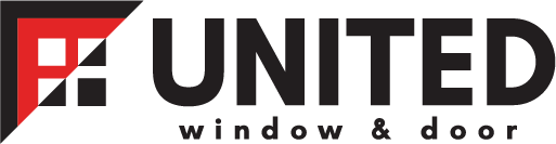 Logo for United window & door, featuring a window design in red and black, with the company name in black letters.
