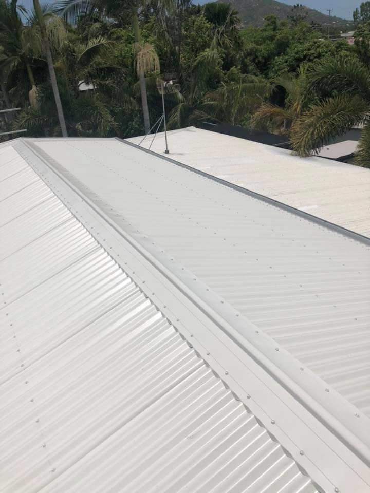 White Metal Roof With Ridges, a Central Flat Section, and Trees in the Background — MJD Roofing Sunshine Coast in Cooroy, QLD