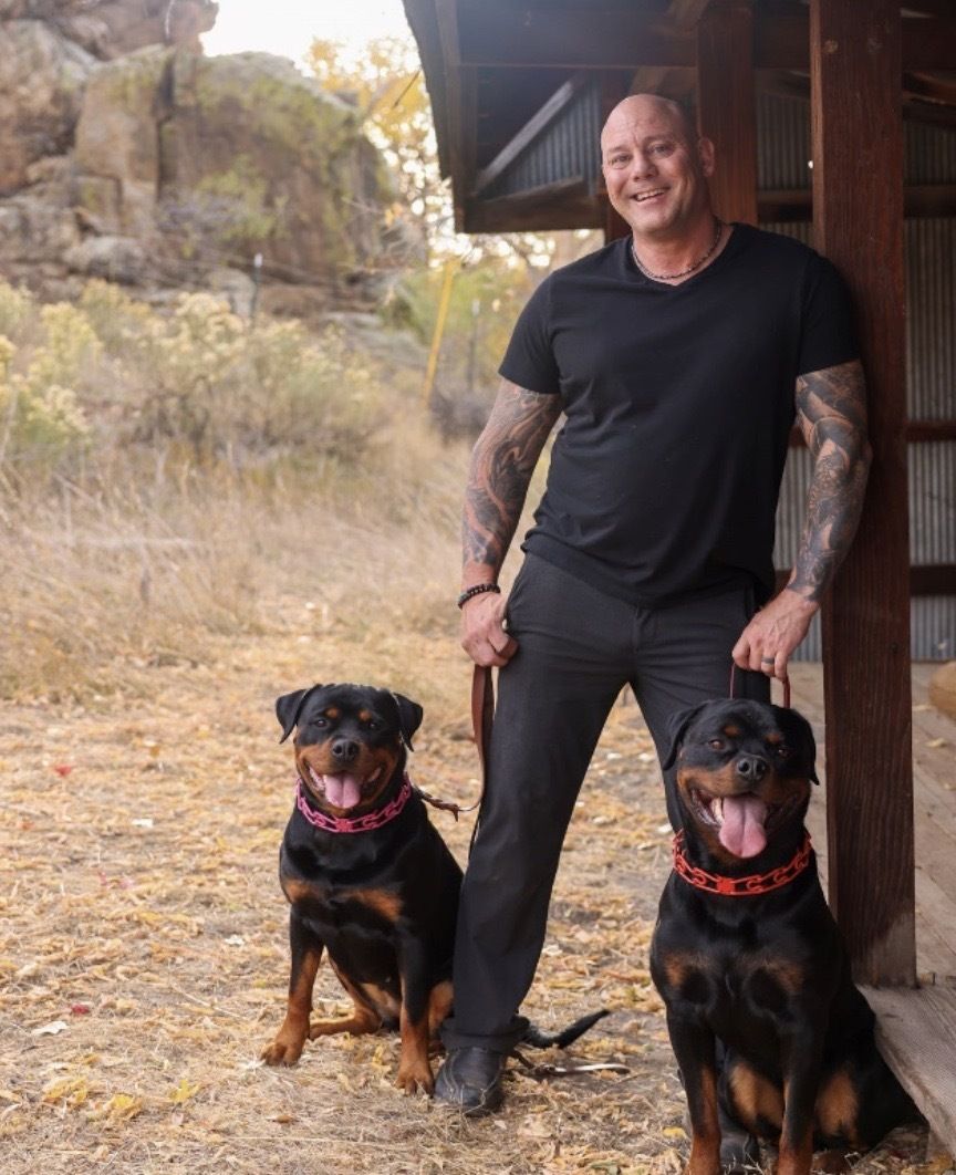 A man in a black shirt is standing next to two dogs.