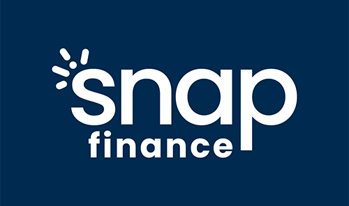 Snap Finance logo on a dark blue background. White text, with a light burst graphic on the letter 's'.