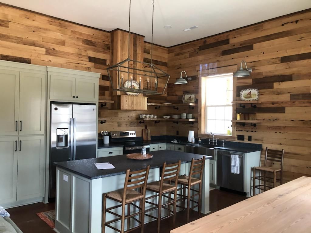 kitchen with wood wall design