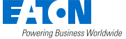 Logo Eaton en bleu avec le slogan « Powering Business Worldwide ».