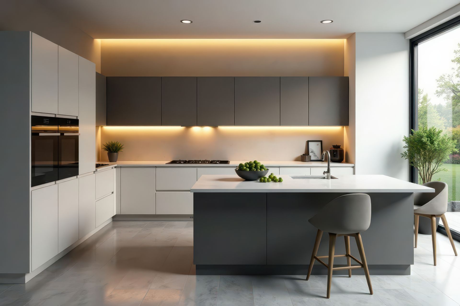 Cuisine moderne avec armoires blanches et grises, îlot et grande fenêtre donnant sur un jardin.