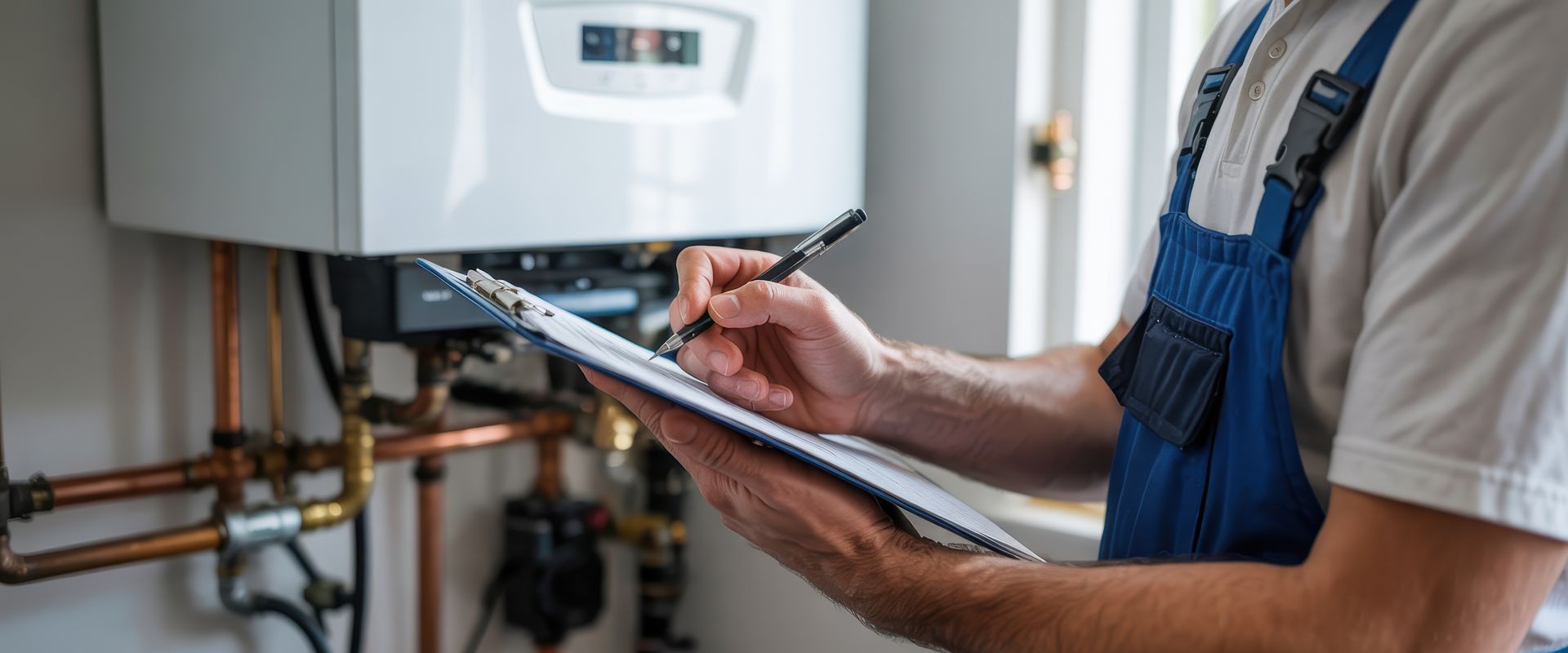 Technician inspecting a home heating system.