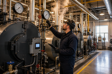 Technician checking pressure gauges in an industrial plant with pipes and machinery