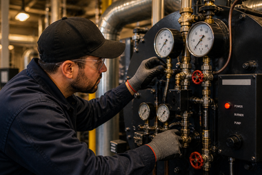 Technician adjusting gauges and valves on an industrial boiler system in a mechanical room