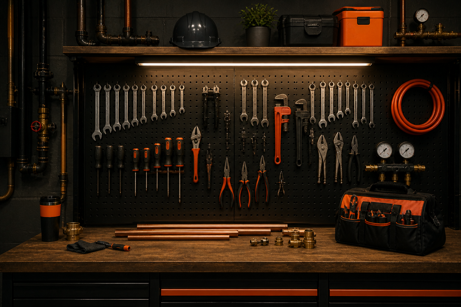 Workbench with neatly organized hand tools, wrenches, pliers, and cords on a dark pegboard in a workshop