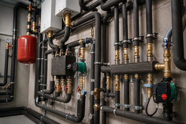 Wall of industrial pipes, valves, and gauges with a red pressure tank in a utility room