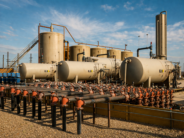 Industrial refinery with large beige storage tanks and pipes under a clear blue sky