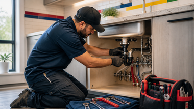 Plumber fixing pipes under a kitchen sink with tools in a red-and-black bag nearby