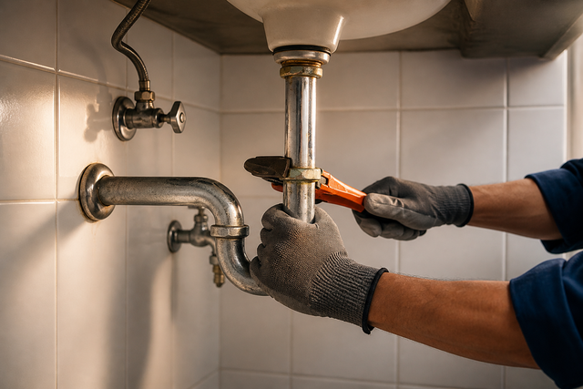 Gloved hands tightening a pipe under a sink with a wrench in a tiled bathroom