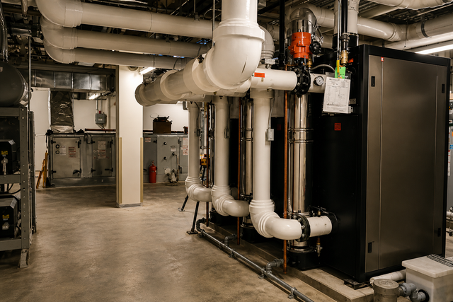 Industrial mechanical room with large white pipes, pumps, and black equipment on a concrete floor