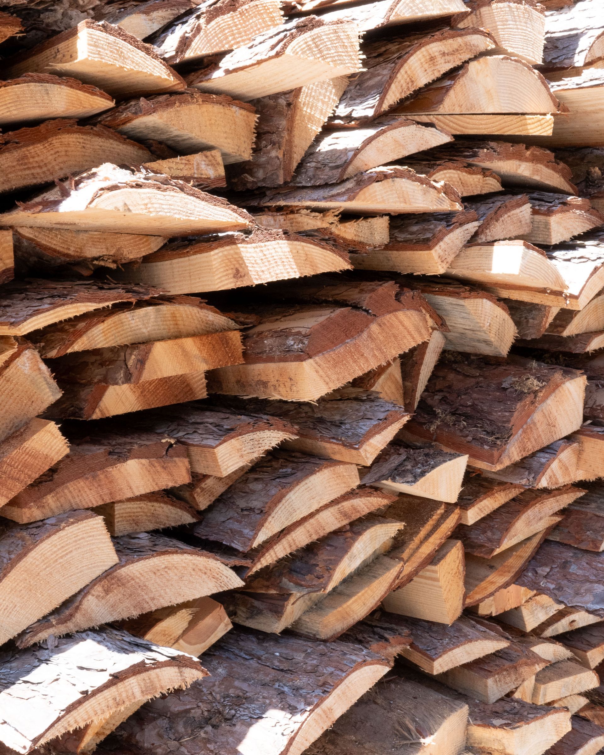 Catasta di legna da ardere tagliata, con corteccia e venature del legno in tonalità di marrone e beige.