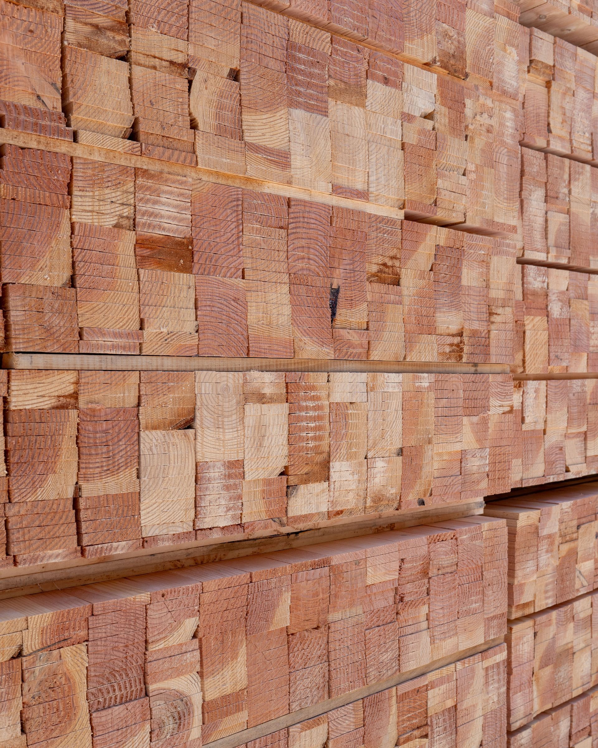 Pila di assi di legno appena tagliate, di diverse tonalità di marrone rossastro e marrone chiaro, impilate ordinatamente.