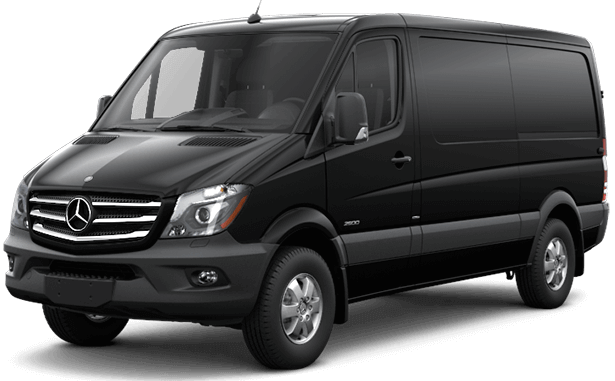 Black Mercedes-Benz Sprinter van, front view, on a road.