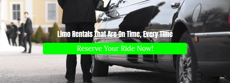 People near a limousine. Text: 