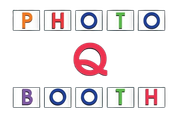 Colorful &ldquo;PHOTO&rdquo; above and &ldquo;BOOTH&rdquo; below with a red Q in the center on a white background