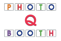 Colorful &ldquo;PHOTO&rdquo; above and &ldquo;BOOTH&rdquo; below with a red Q in the center on a white background