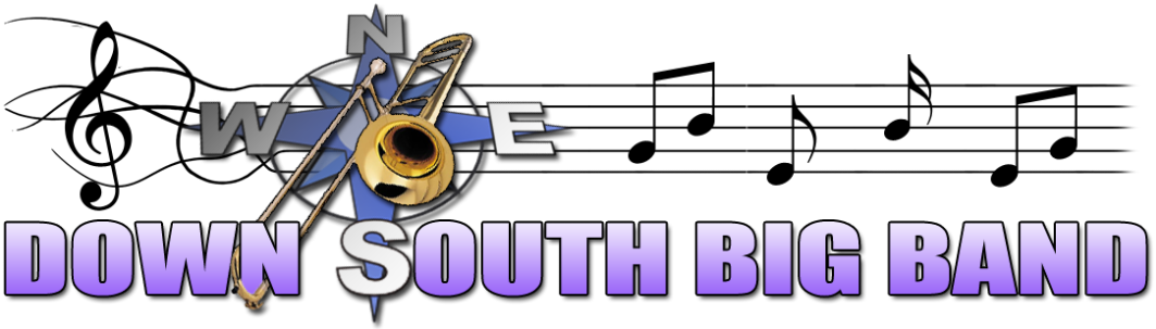 a logo for down south big band with music notes and a trombone
