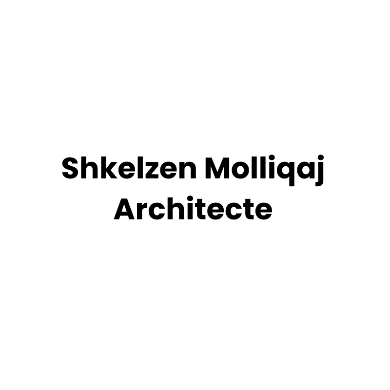 Texte « Shkelzen Molliqaj Architecte » en caractères gras noirs sans empattement, centré sur un fond blanc.