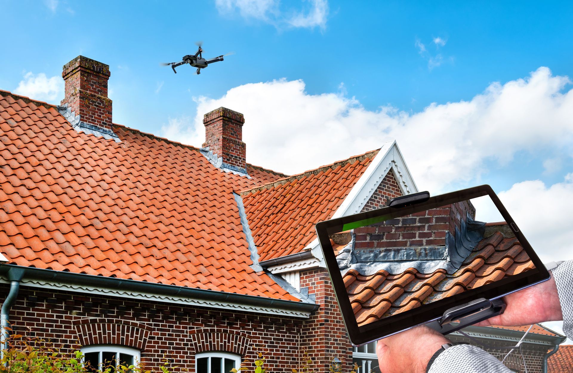 Drone inspecting roof; person holding tablet displays live feed. Sunny day, red-tiled roof, blue sky.