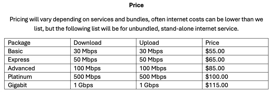 A table listing five stand-alone internet service packages with their respective download/upload speeds and monthly prices.