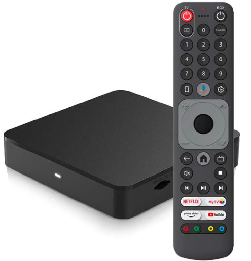 A black media streaming box and its matching remote control with dedicated streaming service buttons.