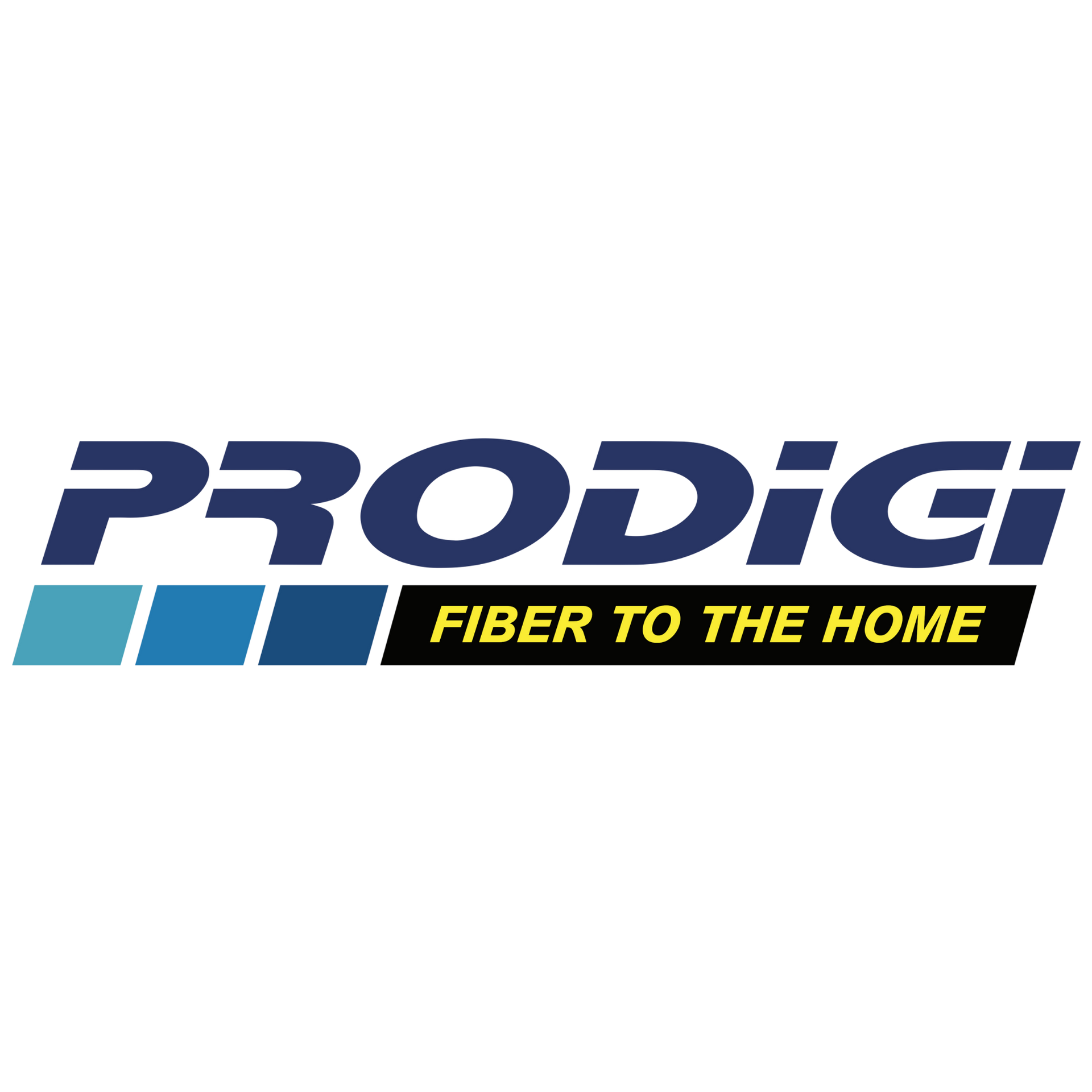 Logo for Prodigi Fiber to the Home featuring dark blue text above a black rectangle with yellow text and blue squares.
