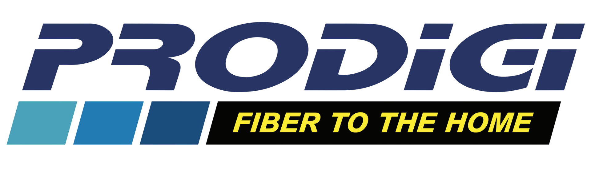 Logo for PRODIGI Fiber to the Home featuring dark blue text over a black banner with three light-to-medium blue squares.