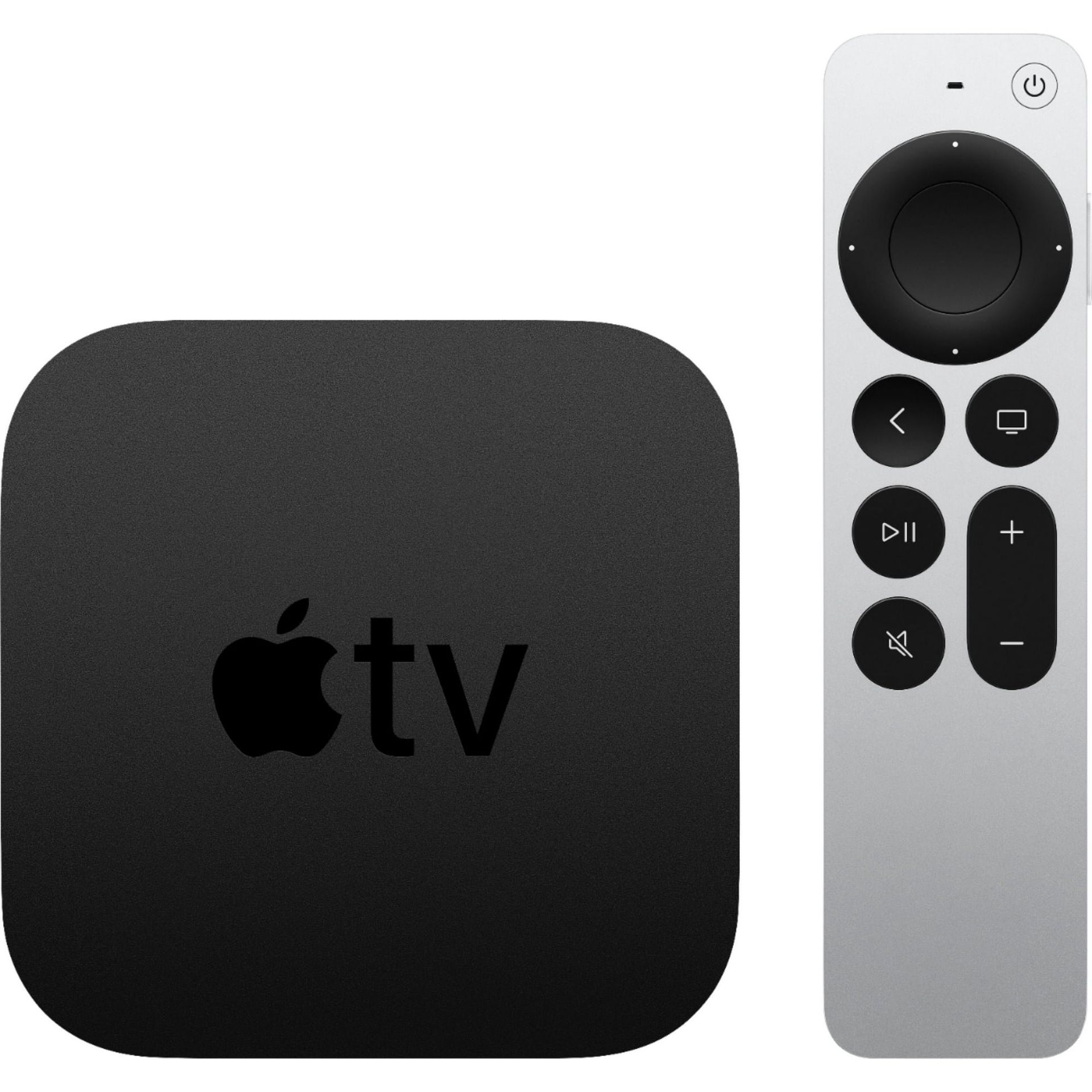A black Apple TV streaming device next to its silver Siri Remote on a white background.