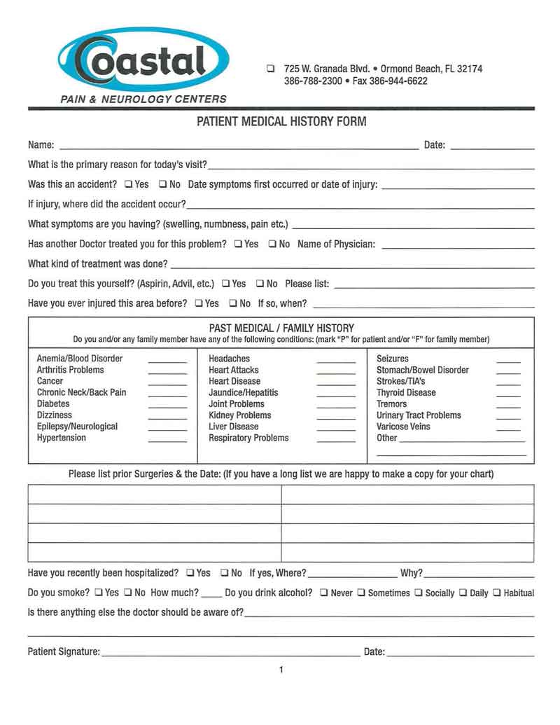 New Patient Form (2) — Pain Management in Ormond Beach, FL