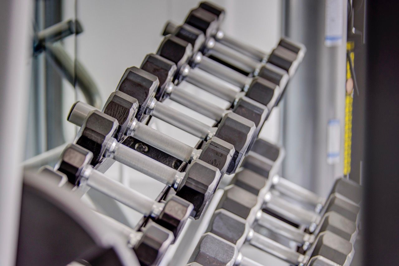 Aria dumbbells on a weight rack in a fitness gym.