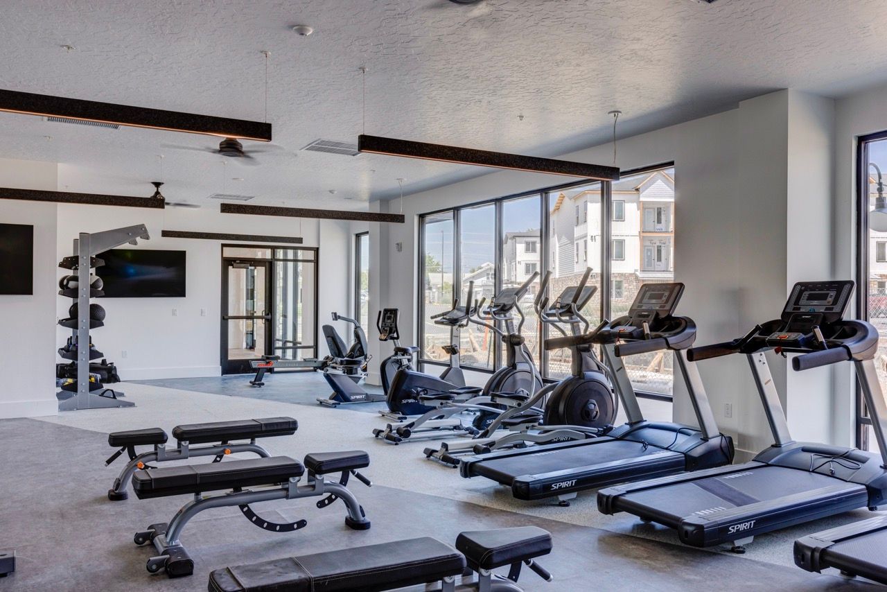 Aria Fitness center with treadmills, stationary bikes, and free weights near large windows.