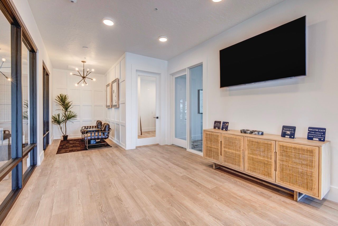 Aria  apartment community lounge with a wall-mounted TV, plant, and seating.