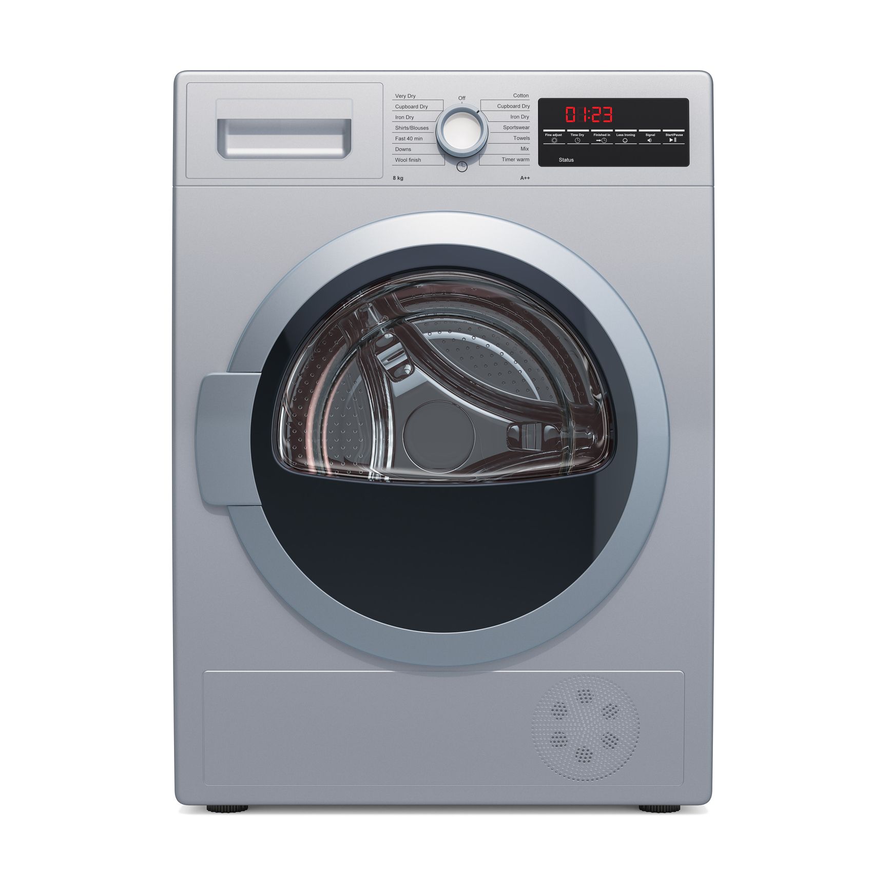 Silver clothes dryer with a round black door, controls, and digital display.
