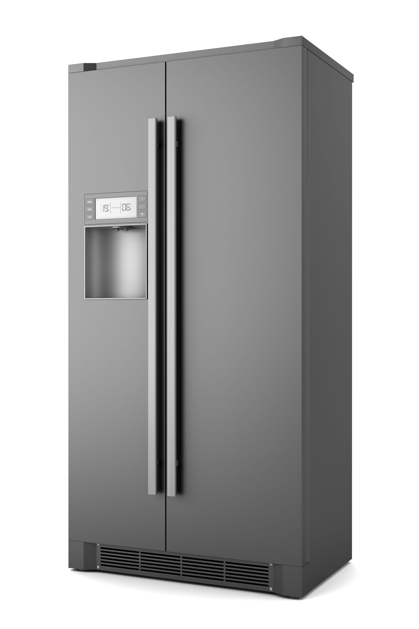 Gray side-by-side refrigerator with a water dispenser and digital display.