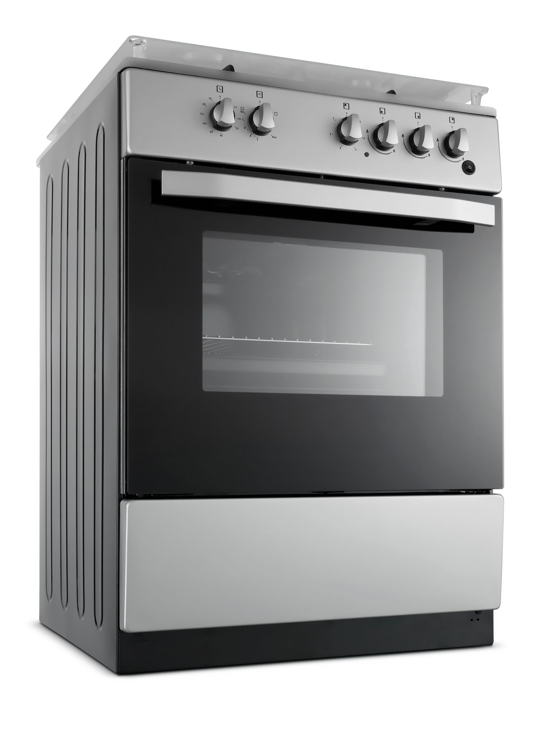 Silver and black freestanding oven with control knobs on top.