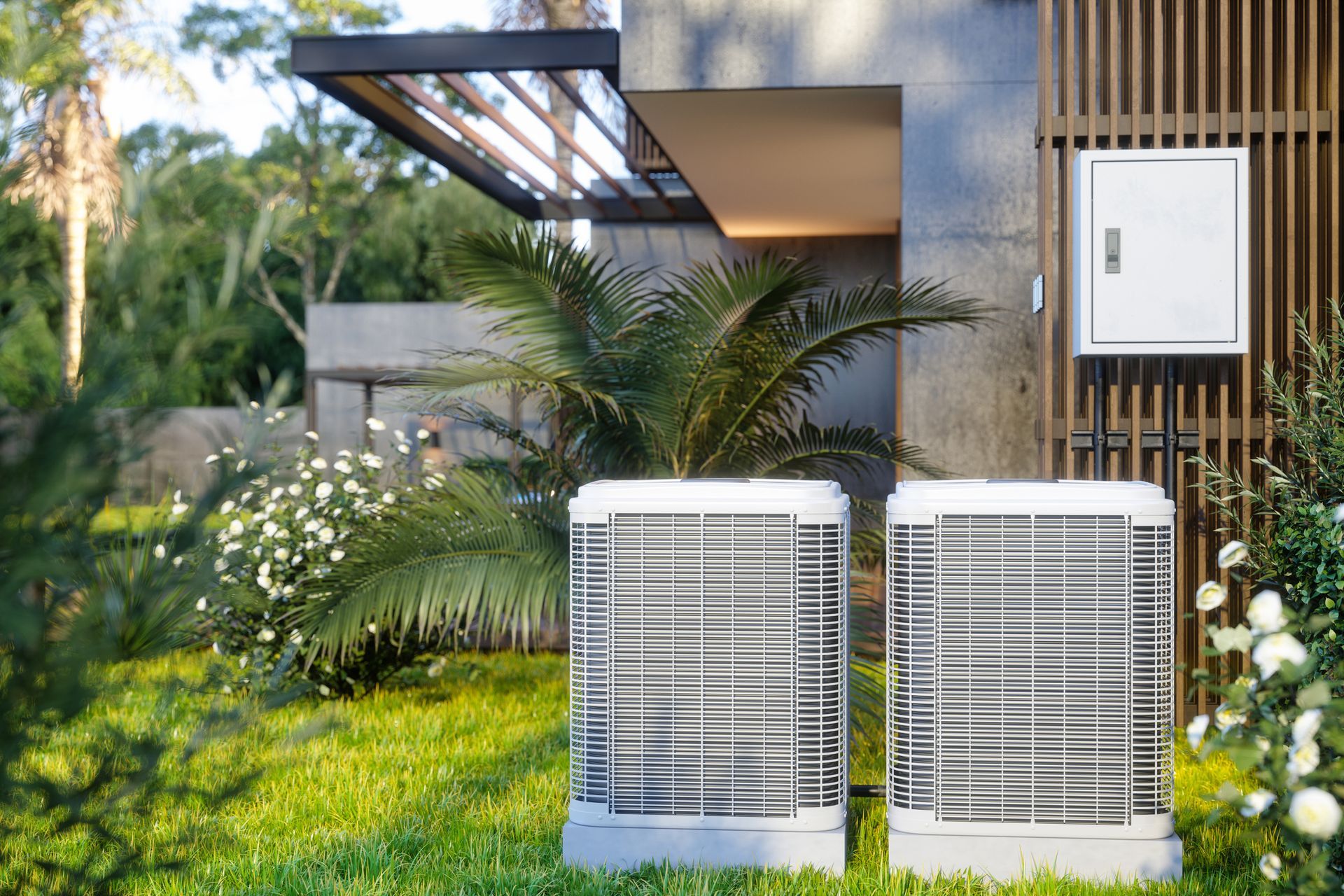 Two air conditioning units on green lawn near modern house with electrical panel and lush landscaping.