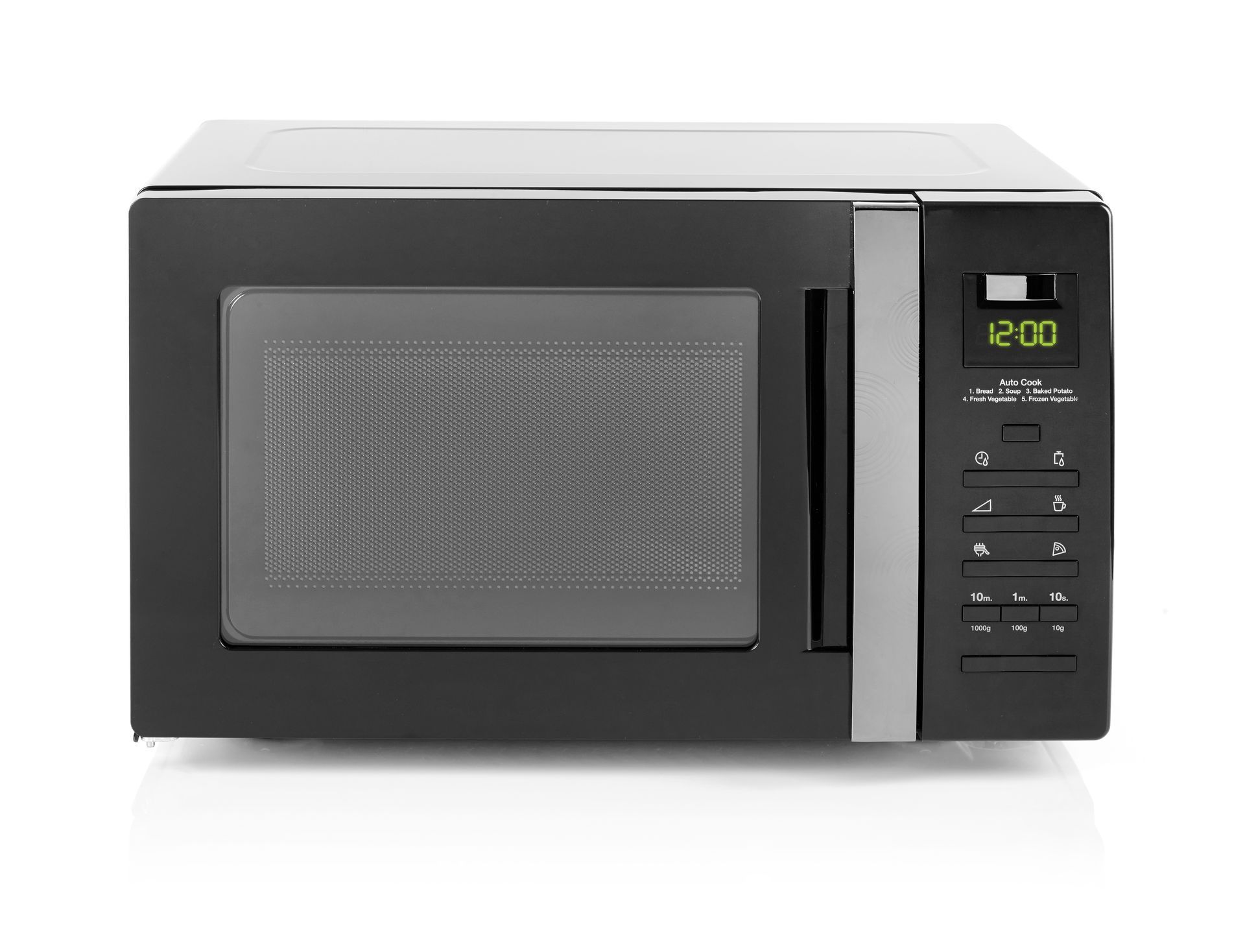 Black microwave oven with silver handle and digital display, isolated on white.