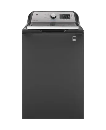 Black GE top-load washing machine with a stainless steel control panel, viewed from the front.
