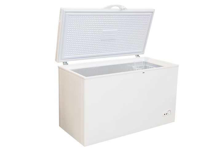 White chest freezer with the lid open.