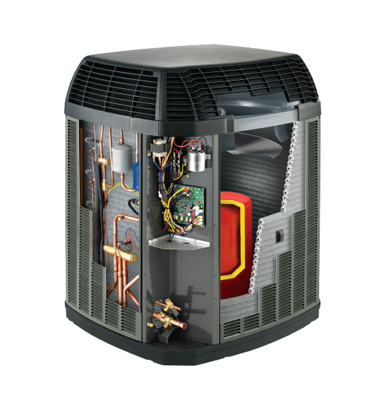 Cutaway view of an air conditioning unit showing interior components: copper tubing, circuit board, and fan.