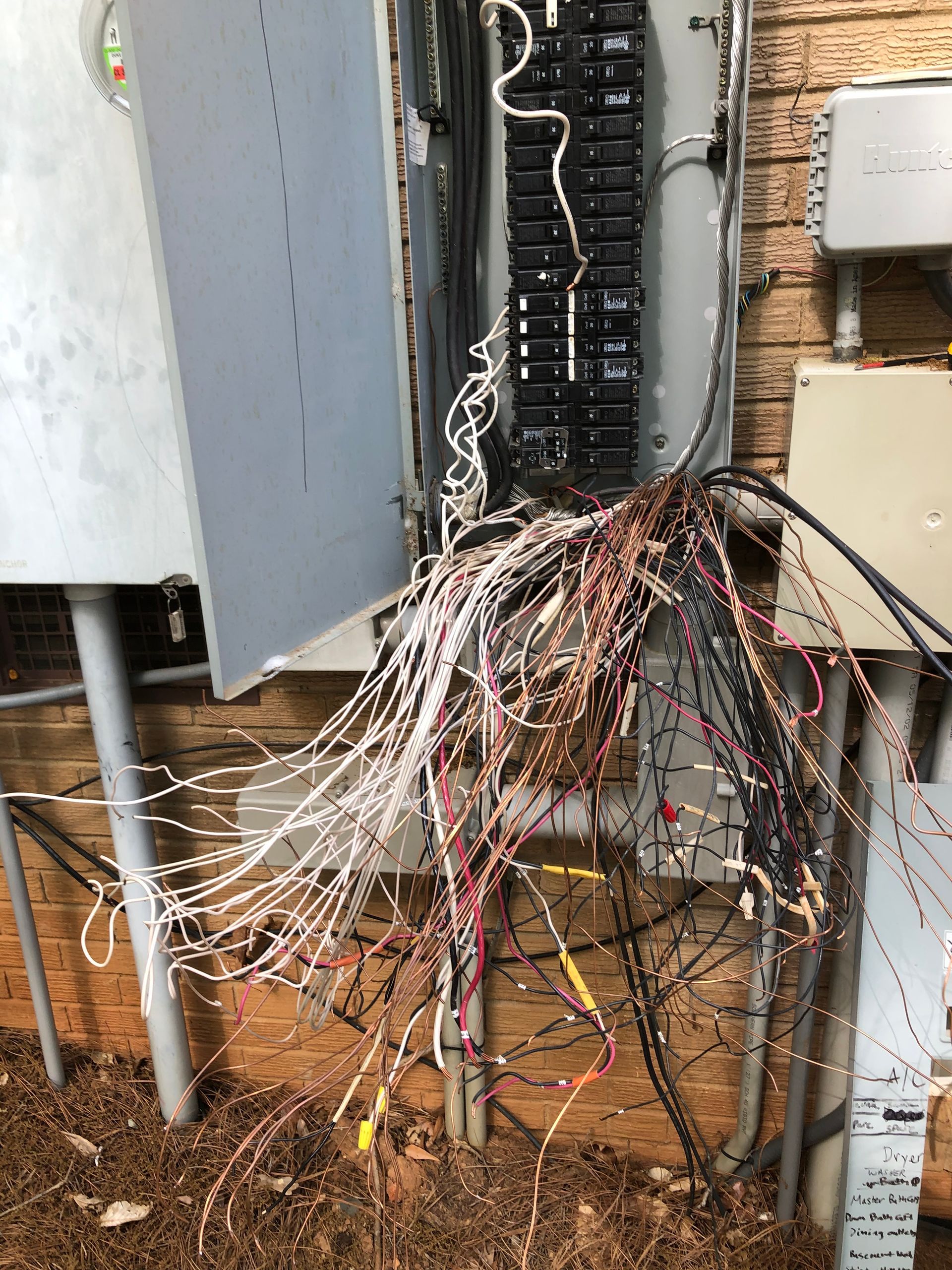 a bunch of wires are coming out of a electrical box .