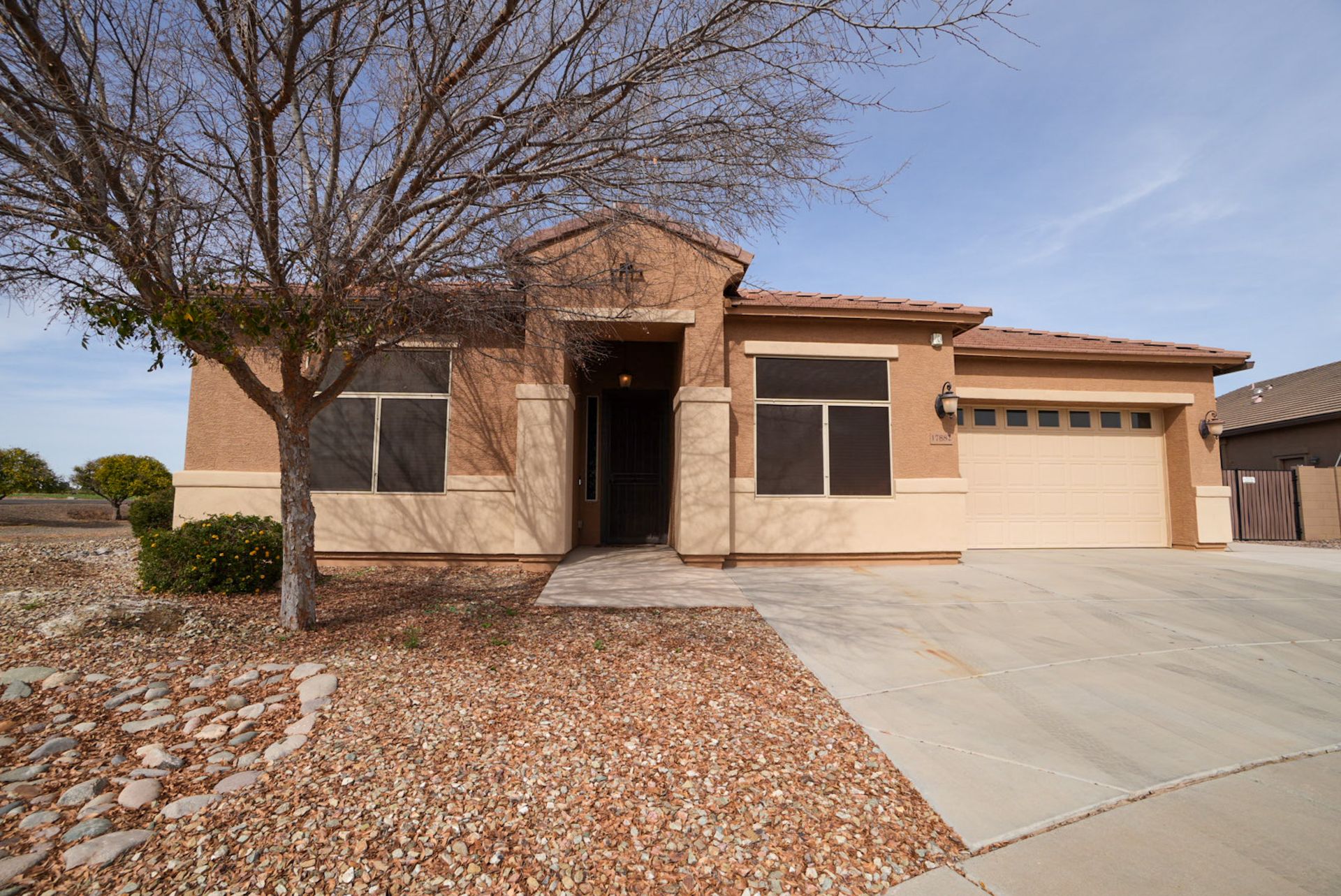 Tan and brown suburban house with a bare tree in the front yard and a two-car garage.
