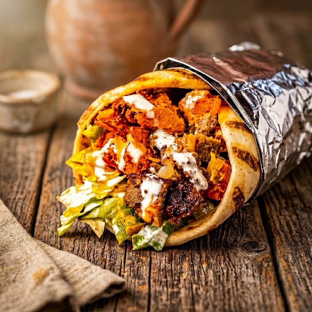 Gyro wrap with meat, vegetables, and sauce, wrapped in foil.