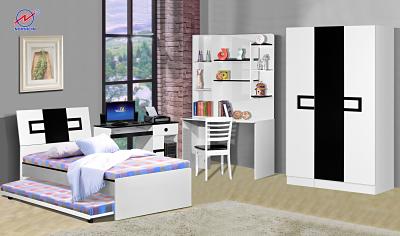 Modern white bedroom set with bed, desk, shelving unit, and wardrobe, all with black accents.